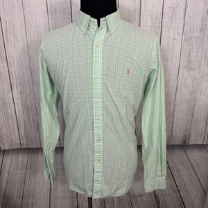 Ralph Lauren Men's Large Light Green Gingham Stretch Cotton Button-Front Shirt